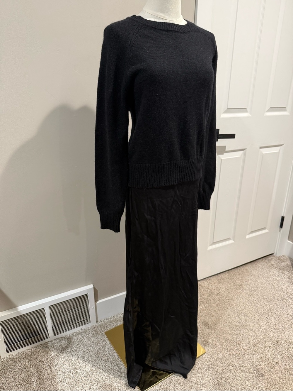 Classic Black Knit Sweater with Black Satin Skirt Attached